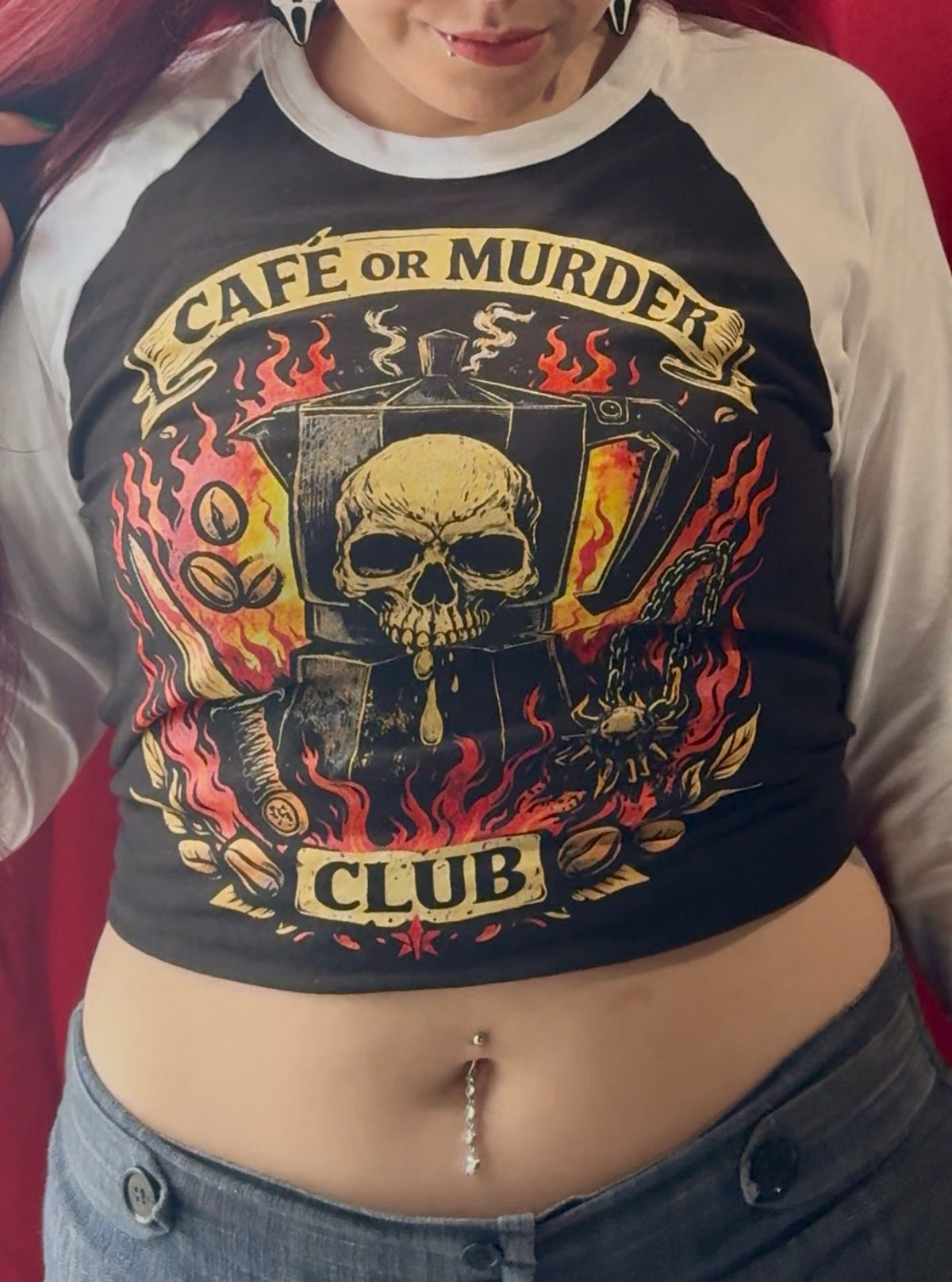 CAFÉ OR MURDER CLUB TEE 3/4 sleeve raglan shirt