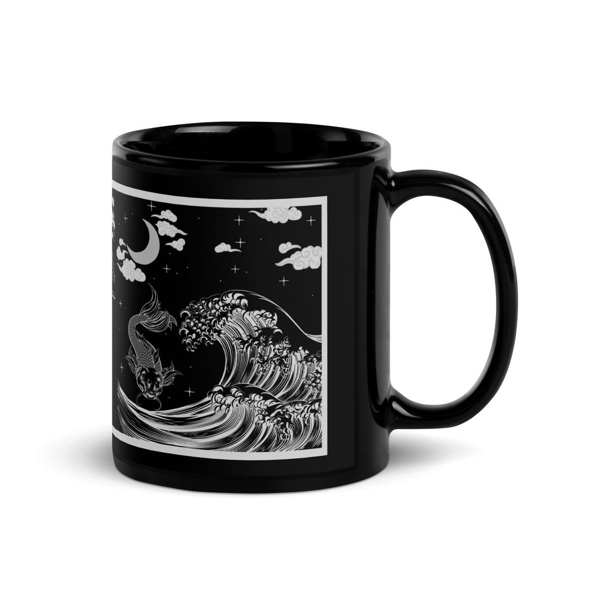 Japanese Mug, Samurai Mug, Koi Fish Mug, Samurai Sword, Tokio Japan, Gift for him, Gift for dad, Mug, Coffee mug, kawaii, Samurai, Japanese art, Japanese Culture, Japanese tea mug, Black Glossy Mug